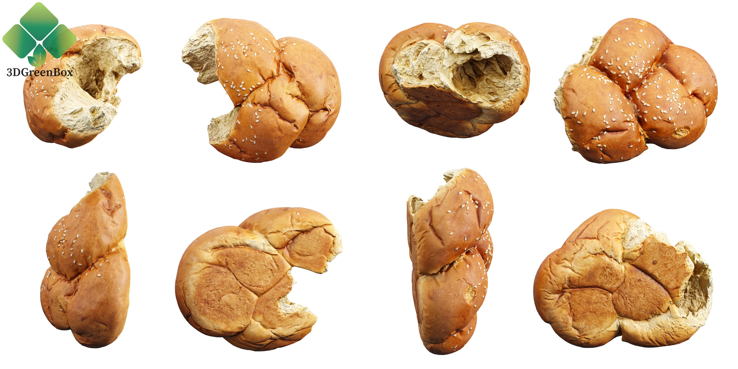 Multiple angles of sesame braided loaf 3D model with sesame topping