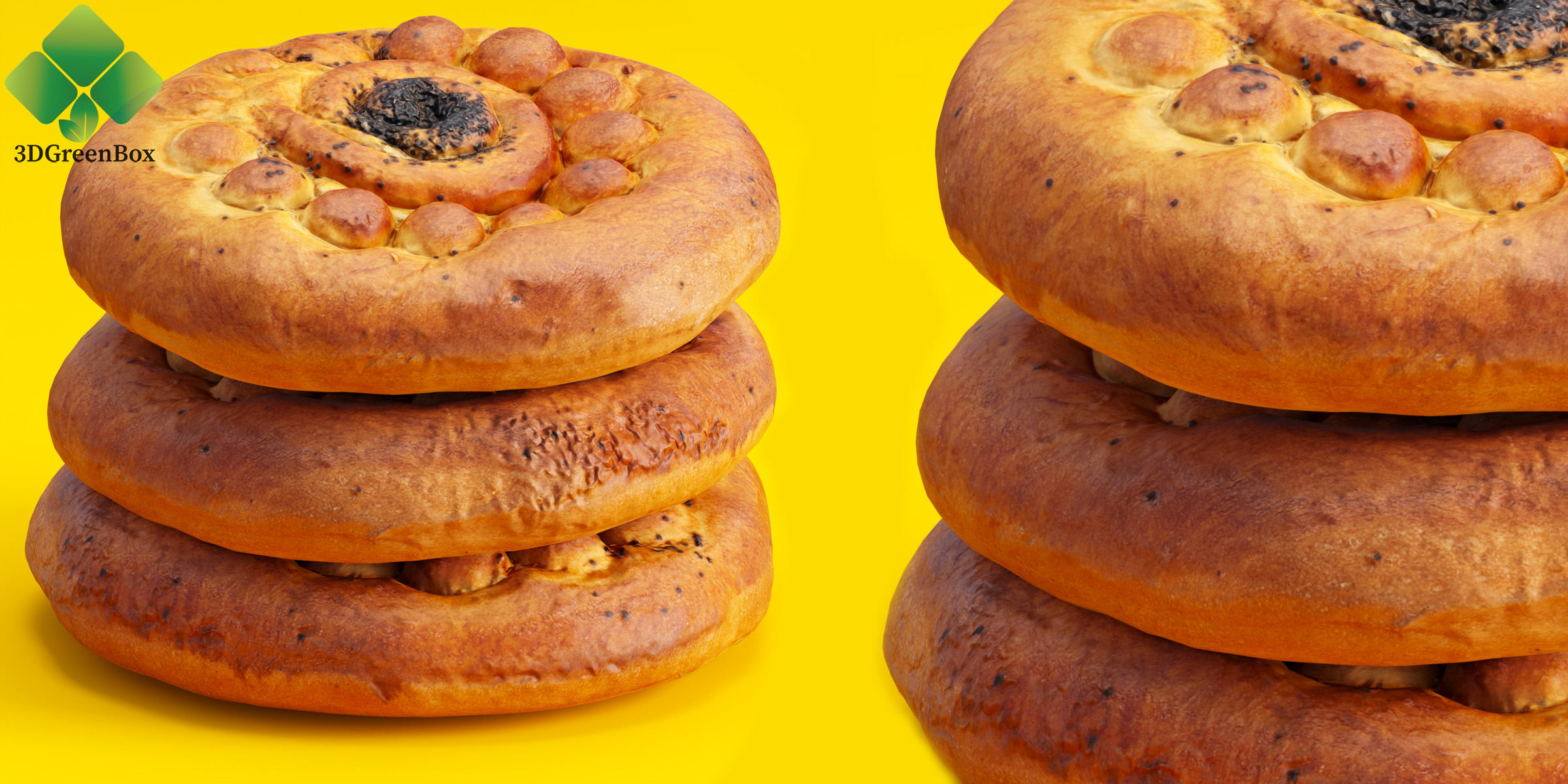 Uzbek Tandoor Bread 3D Models stacked for bakery visualization on yellow background