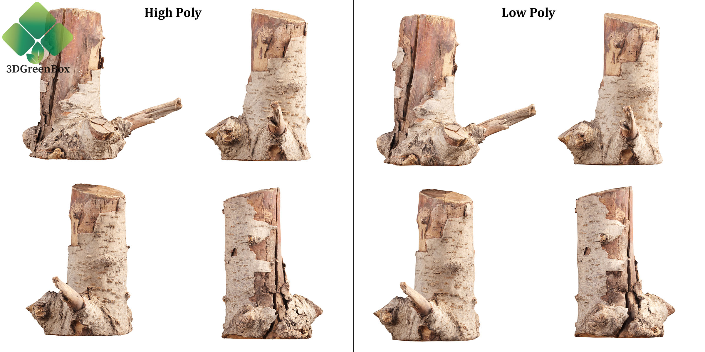 High poly and low poly tree log 3D models comparison front and side view