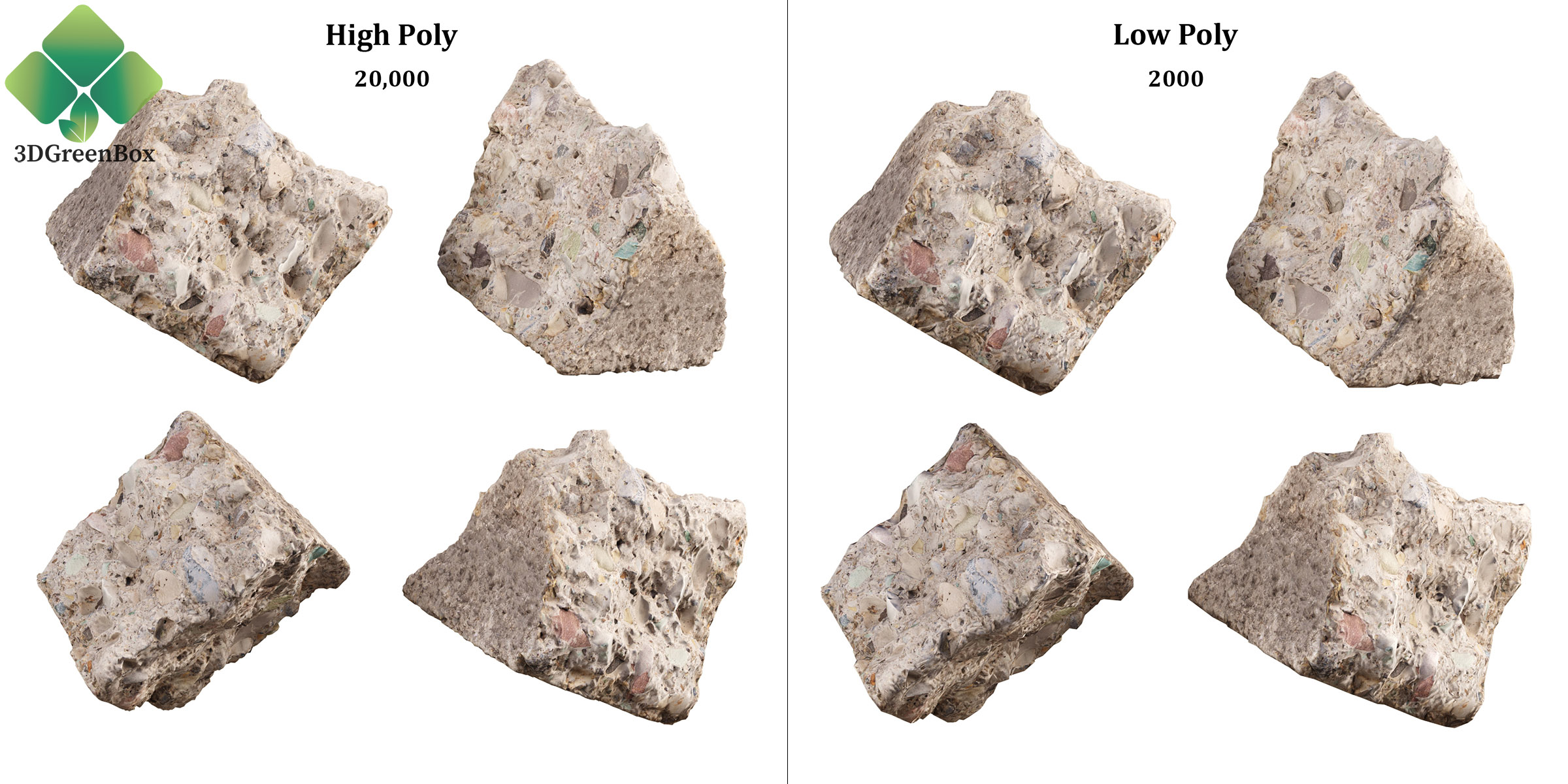 Photogrammetry scanned stone 3D models scattered for natural environment rendering