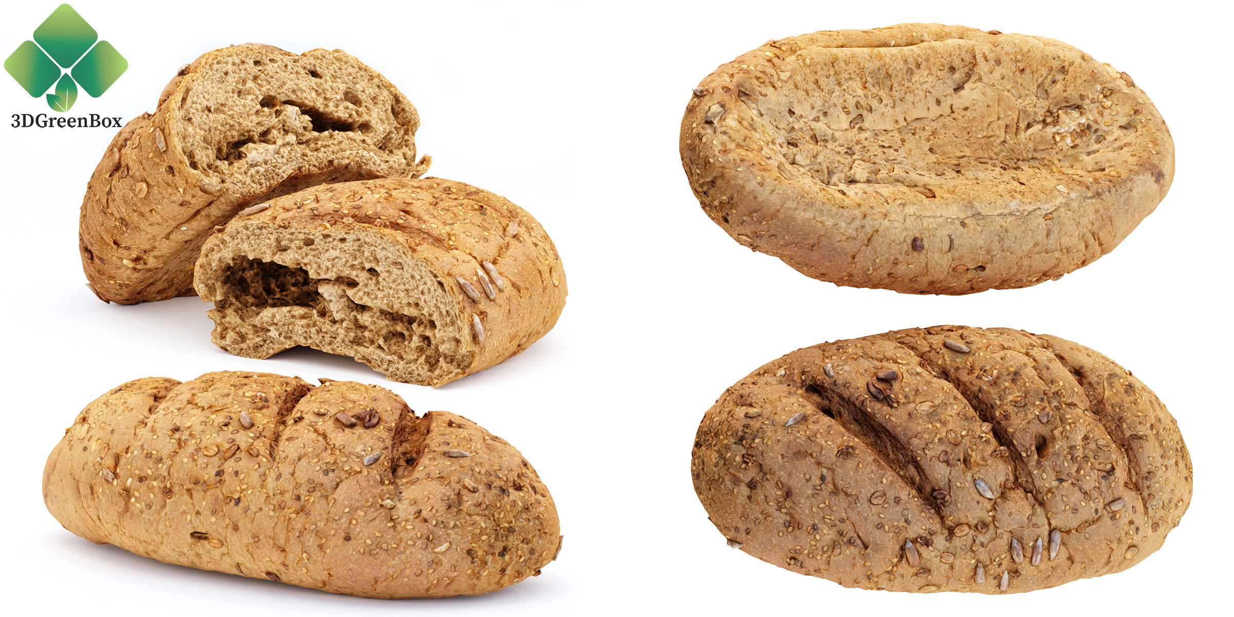 Multigrain Bread 3D Model in a bakery-style wooden surface render