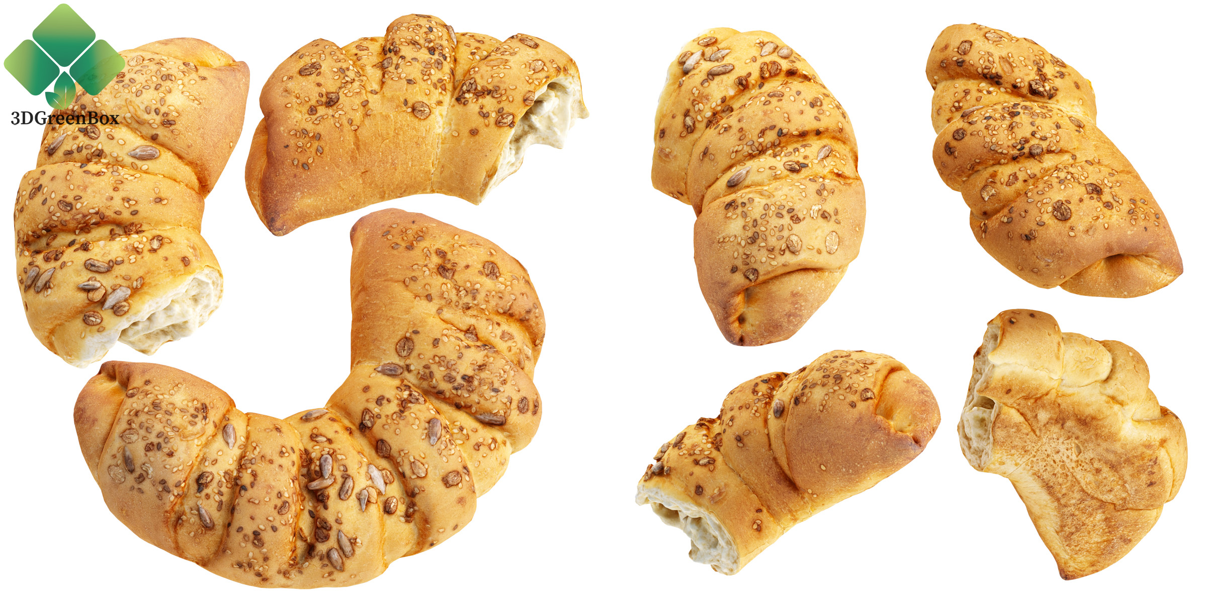 Croissant 3D model set with variations and different angles.
